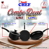 Majestic Chef combo deal with three non-stick cookware items on a wooden board.