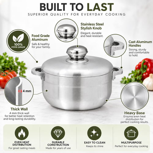 Chef Best Aluminum Export Quality Cooking Pot / Caldero Pot With Aluminum Lid 20 cm - Metal Finish