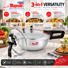 Majestic CHEF Anodized 3 In 1 Pressure Cooker Karahi with Glass Lid