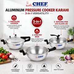 Majestic CHEF Anodized 3 In 1 Pressure Cooker Karahi with Glass Lid