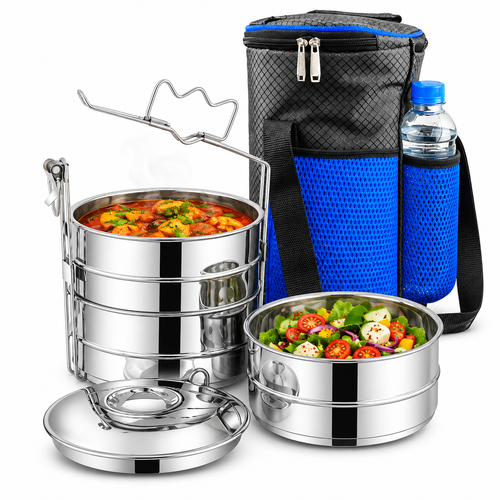 Majestic Chef 3 Layer Stainless Steel Leak-Proof Tiffin Box - Lunch Box Ideal for School, Work, or Travel with BAG