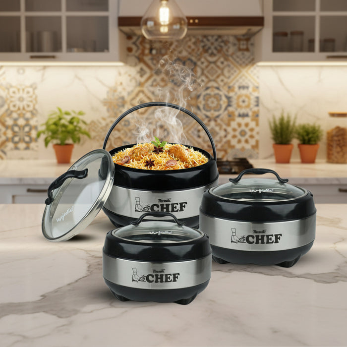 Majestic Chef Stainless Steel Clarion 3pcs Hot Pot set With Glass Lid -Black