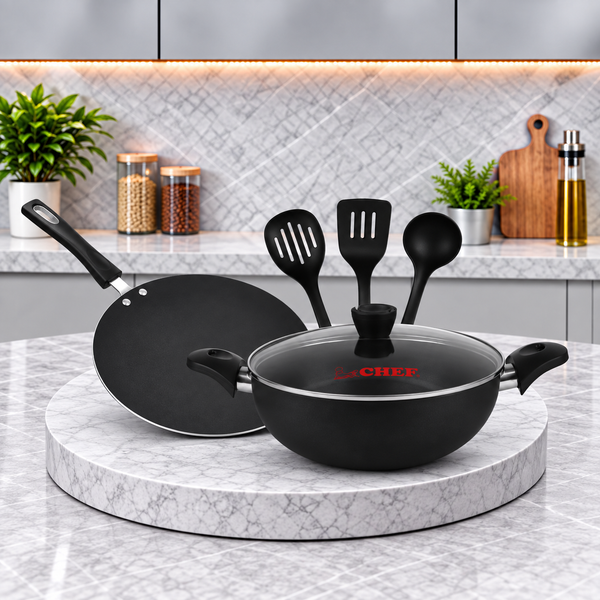 Chef Best Quality Non Stick Mini Kitchen Set / Non Stick Wok / Tawa 28 cm With 3 Pcs Food Grade Spoons