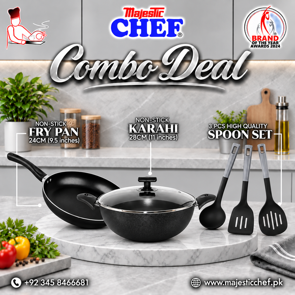 Nonstick Fyring Pan 24 cm - Wok 28 cm And Cooking Spoon Set 3 Pcs - Combo Deal #4