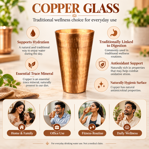 Copper drinking glass with hammered texture, straight-sided tapered shape