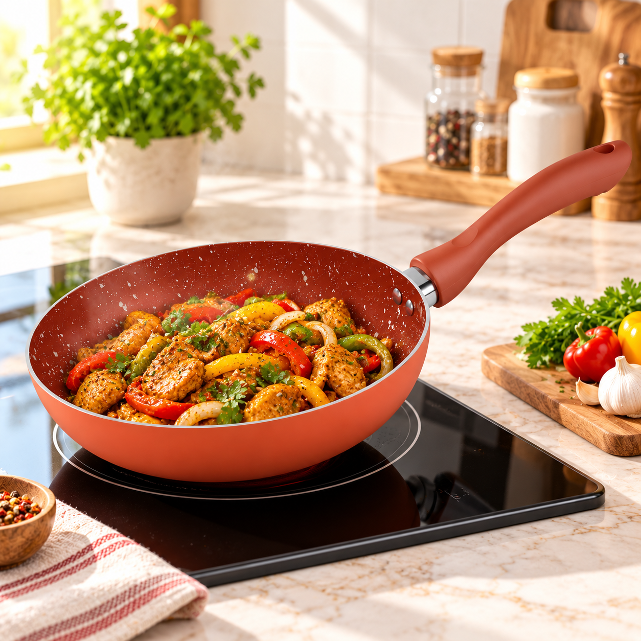 Copper nonstick fry pan with red-speckled interior and long handle, filled with food