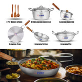 silver steel complete kitchen cookware set including 3 pcs wooden spoons silver pateela sauce pan with lid aluminum tawa frying pan with wooden handle and silver karahi with silver lid - chef cookware