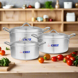 Chef Best Silver Steel 3 Pcs Royal Casserole Set/ Handi Set - 20/24 cm-Metal Finish