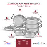 silver steel premium quality dull finish aluminum flat wok set 5 pcs with chrome handle and with silver lid - majesticchef.pk