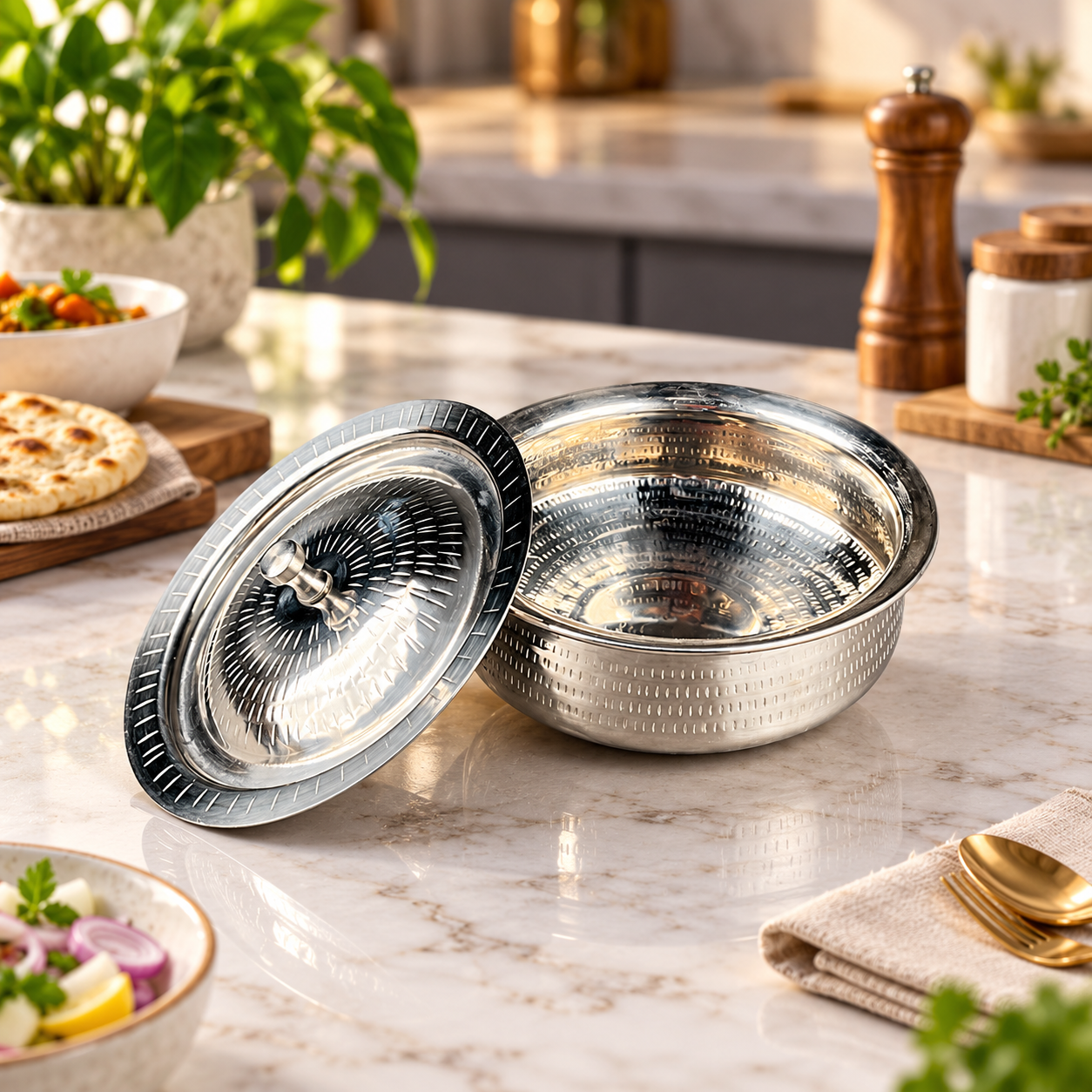 Majestic Chef Hammered Stainless Steel Serving Karahi with Hammered Lid Non-Magnet Food Grade Material