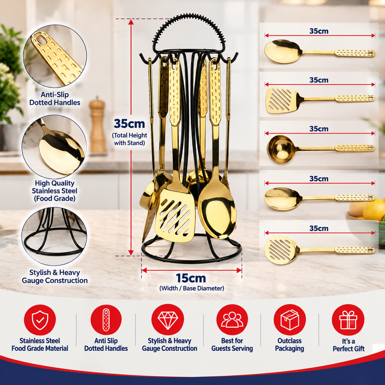 7-piece gold serving spoon set with stand and assorted slotted utensils