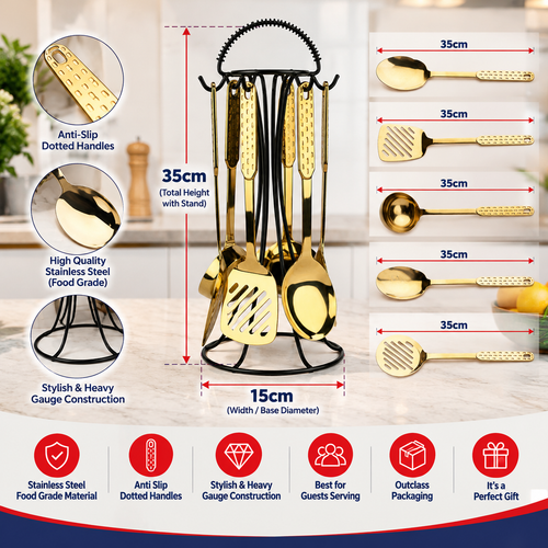 7 Pieces Gold Serving Spoon Set with Stand Hover