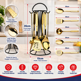 7-piece gold serving spoon set with stand and assorted slotted utensils