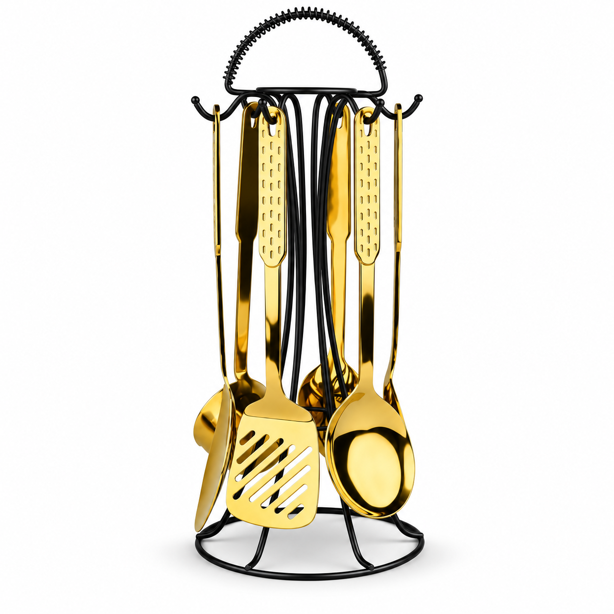7 gold serving spoon set with stand, featuring slotted spatula, ladle, and spoon heads