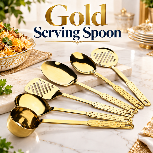 7 Pieces Gold Serving Spoon Set with Stand