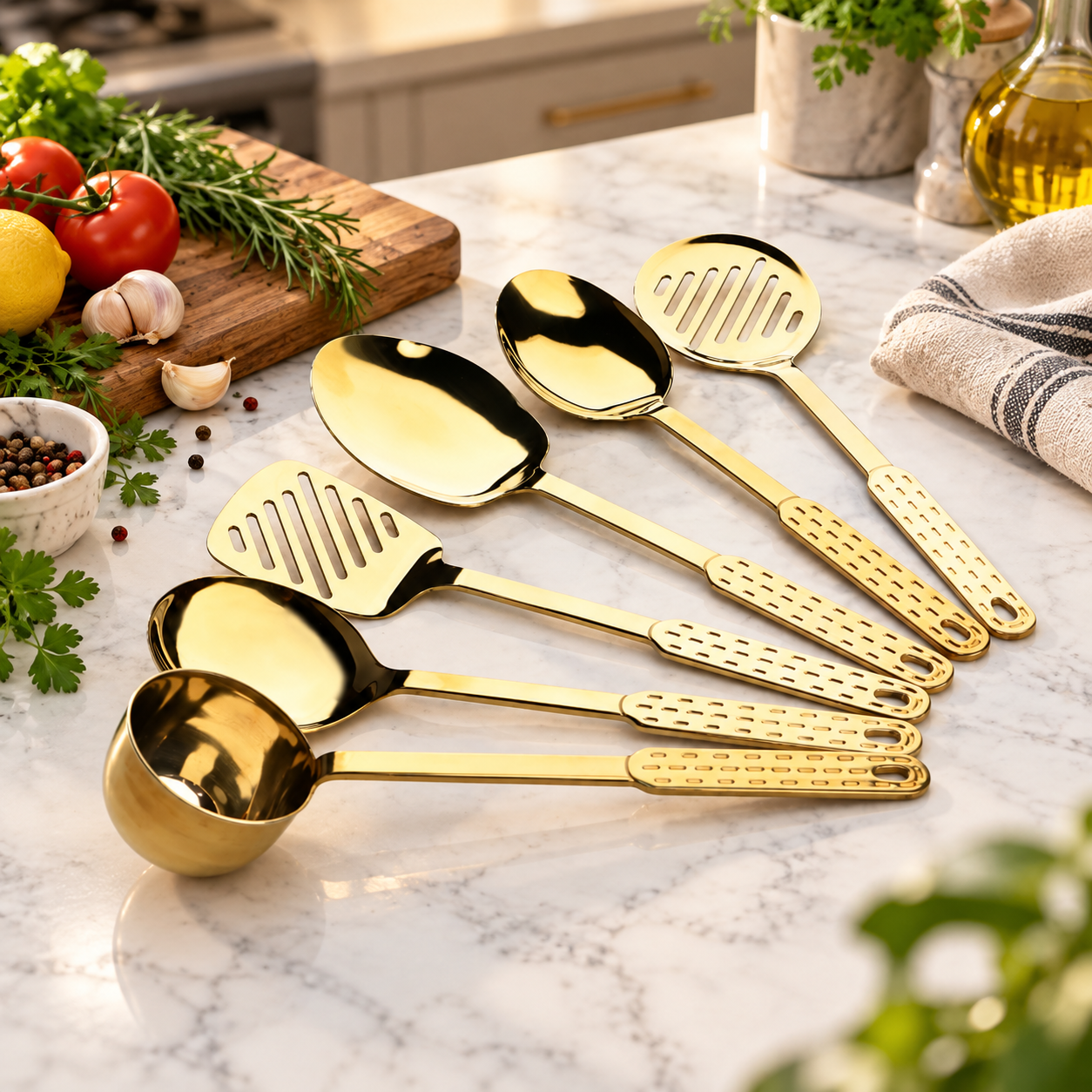 Gold serving spoon set with five slotted spatula and ladle heads on a countertop