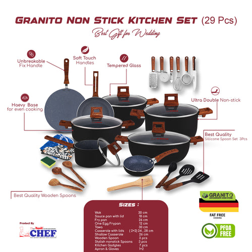 Chef Best Aluminum Non Stick Kitchen Set 29 Pcs New Arrival Cookware Set - Granito Series Hover