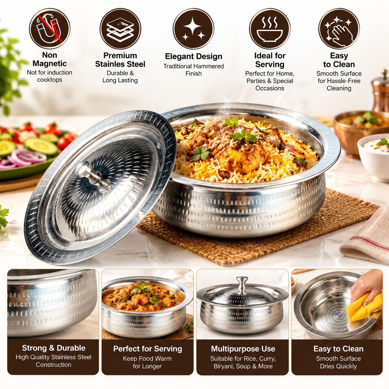 Majestic Chef Hammered Stainless Steel Serving Karahi with Hammered Lid Non-Magnet Food Grade Material