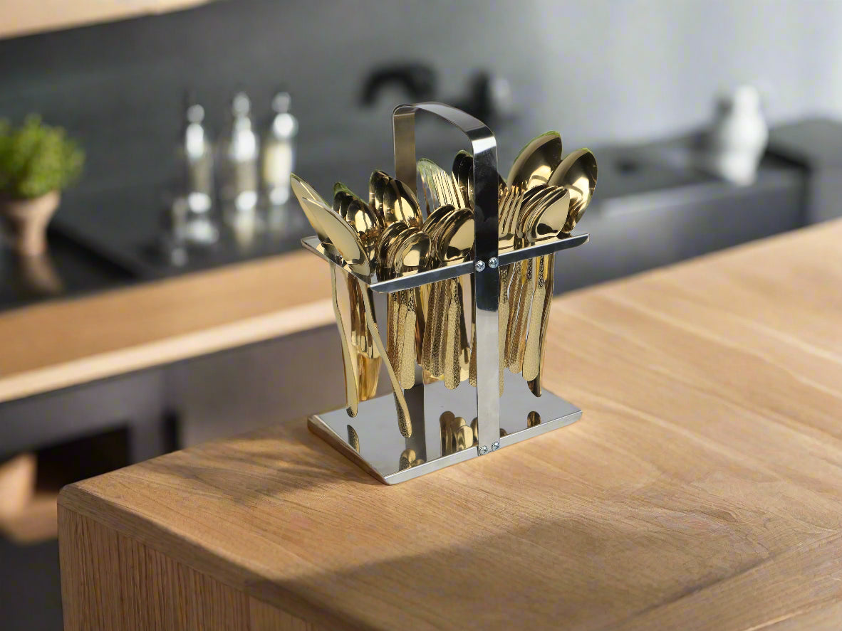 New arrival Premium quality PVD coated hammar cutlery set 29 pcs complete kitchen set with stand at affordable price in Pakistan...