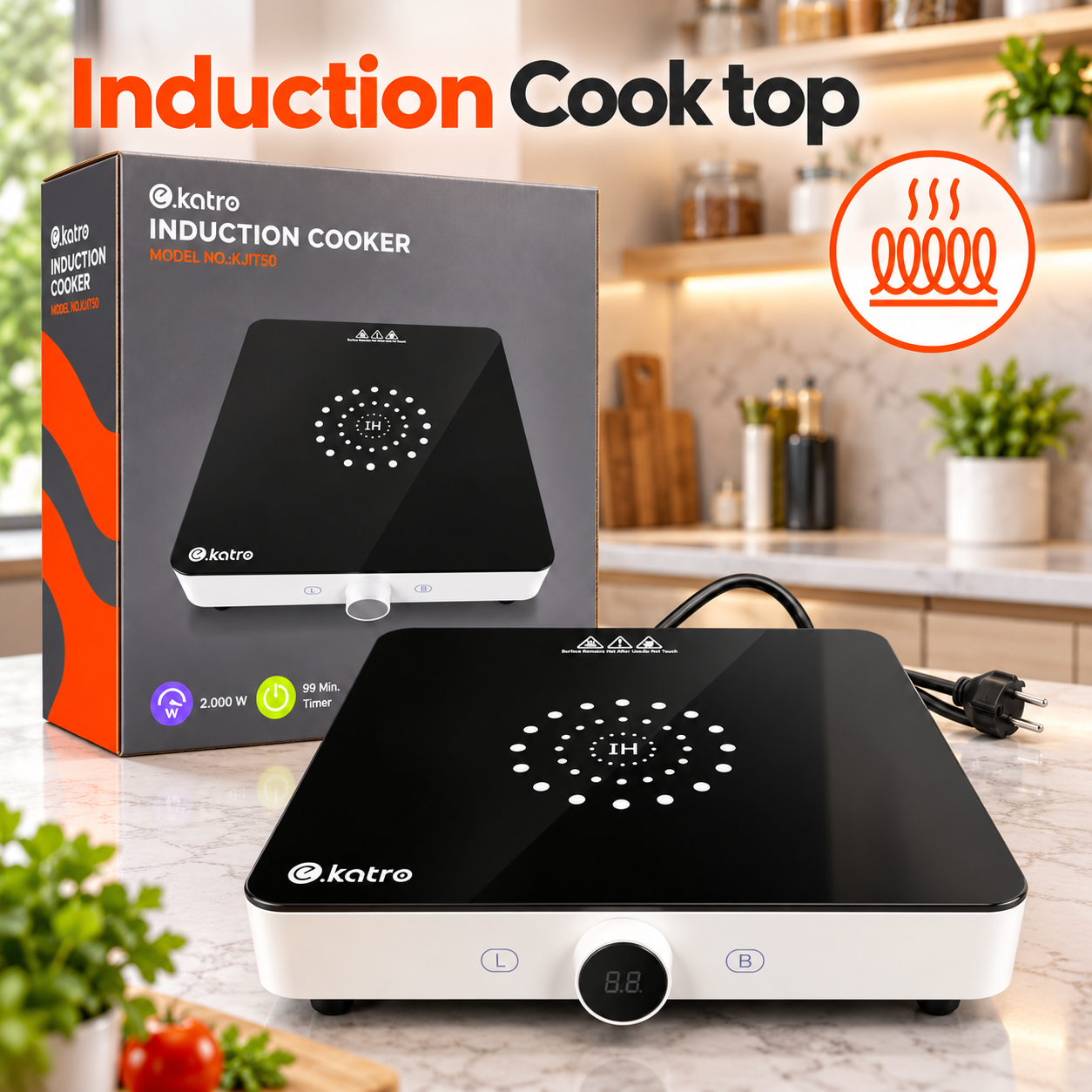 Black electric induction cooktop with central heating zone, touch controls, and round front knob.