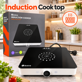 Black electric induction cooktop with central heating zone, touch controls, and round front knob.