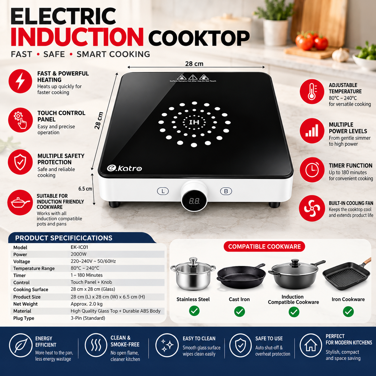 Black electric induction cooktop with touch controls, central heating zone, and round front knob.