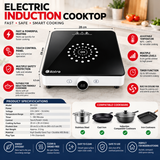 Black electric induction cooktop with touch controls, central heating zone, and round front knob.