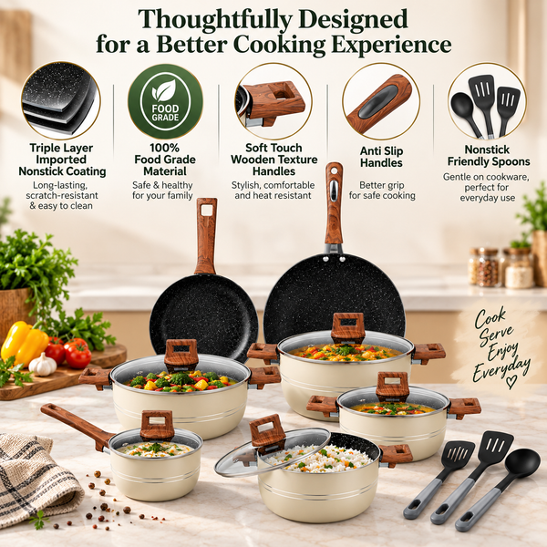 15 Pieces Nonstick Marble Coated Timber Series Gift Pack Set