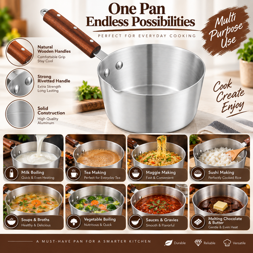 Aluminum Milk Pan With Wooden Grip Handle - Metal Finish Hover