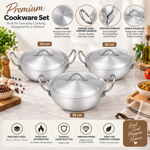 Chef Best Aluminum Wok / Karahi Set - 24/28 cm-Metal Finish-Metal Finish