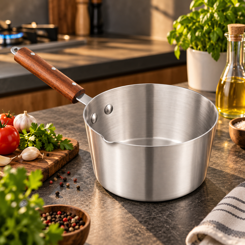 Aluminum Milk Pan With Wooden Grip Handle - Metal Finish