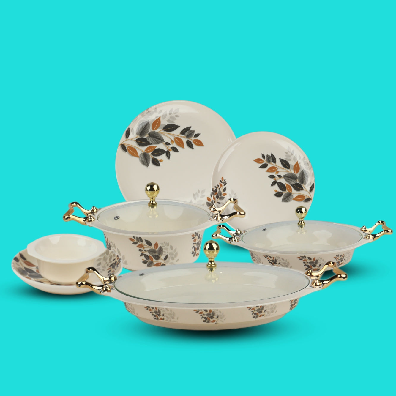 Set of ceramic dishes with floral patterns on a turquoise background