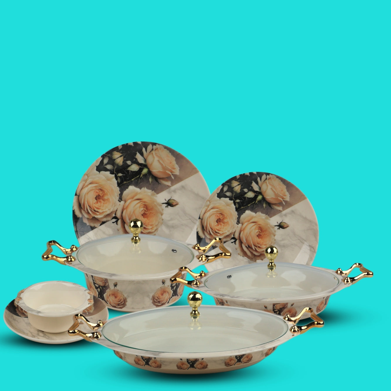 Set of ceramic dishes with floral design on a turquoise background