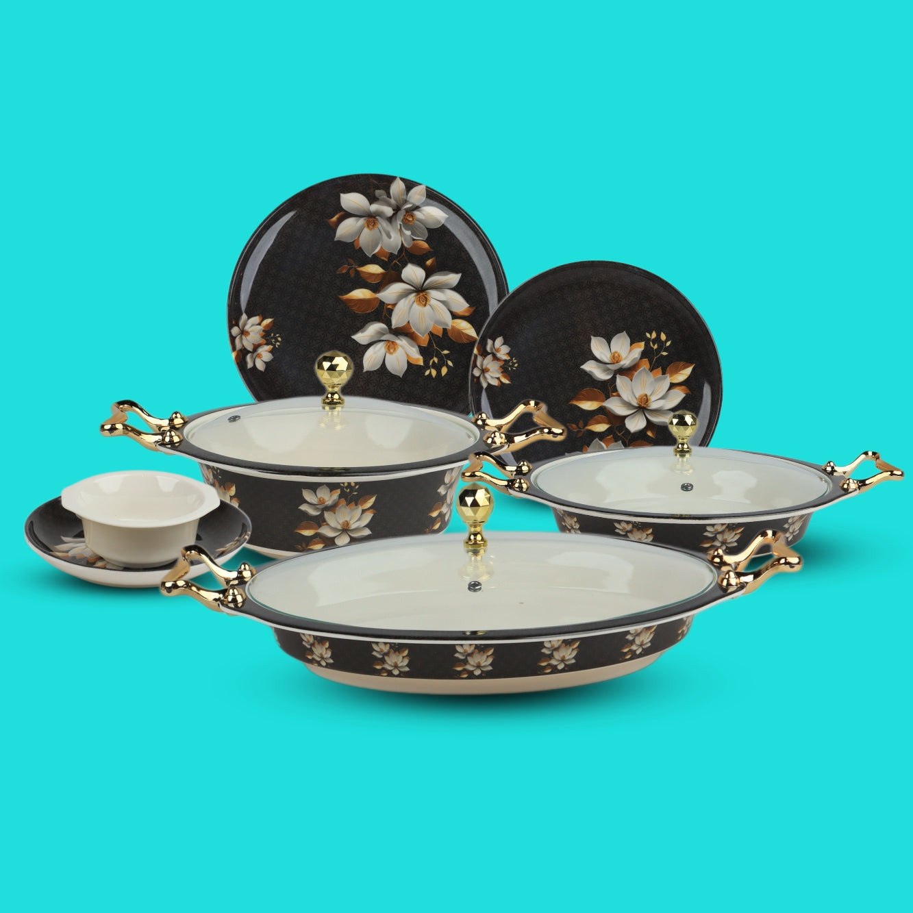 Ceramic dinnerware set with floral design on a turquoise background