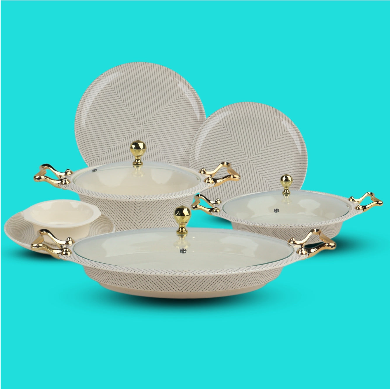 Set of decorative plates with gold handles on a turquoise background