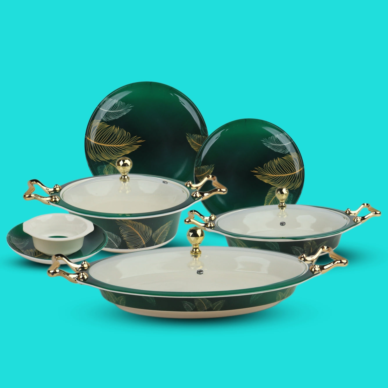 Set of green ceramic plates with gold accents on a turquoise background