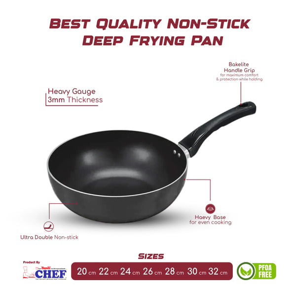 Premium Non Stick Deep Frying Pan (3mm) - Karahi Long Hanlde