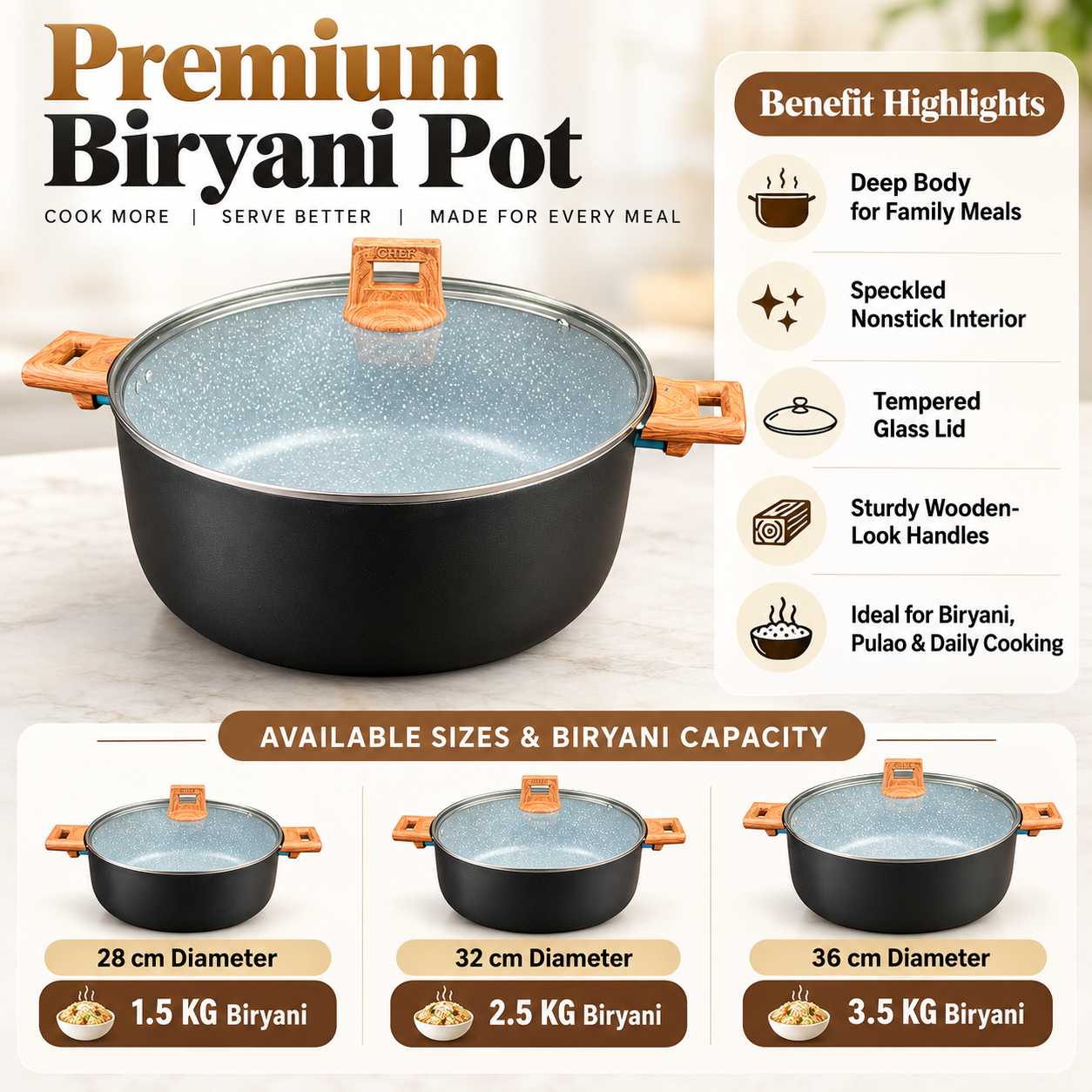 Nonstick biryani pot with glass lid and wood-texture handles, speckled interior