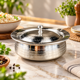 Majestic Chef Hammered Stainless Steel Serving Karahi with Hammered Lid Non-Magnet Food Grade Material