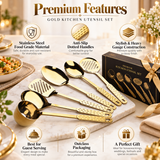 Gold kitchen utensil set on display with slotted serving spoon heads