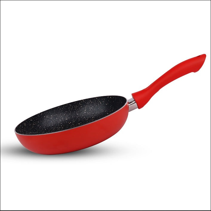 Red nonstick fry pan with black speckled interior and long handle