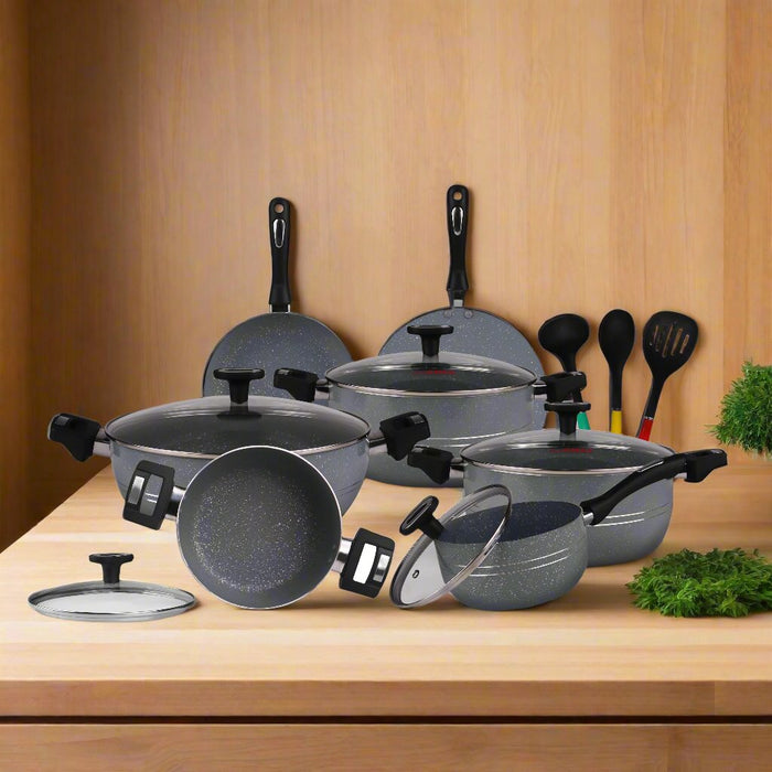 Chef Best Aluminum Non Stick Kitchen Set 15 Pcs New Arrival Cookware Set - Marble Coating Rebirth Grey