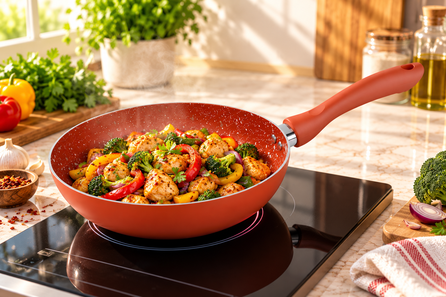 Copper nonstick fry pan with red-speckled interior and long handle, filled with vegetables