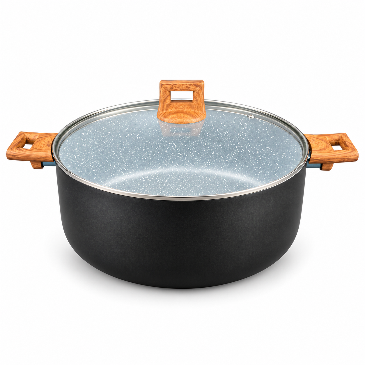 Nonstick biryani pot with glass lid and wood-texture handles, black finish