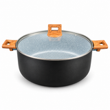 Nonstick biryani pot with glass lid and wood-texture handles, black finish