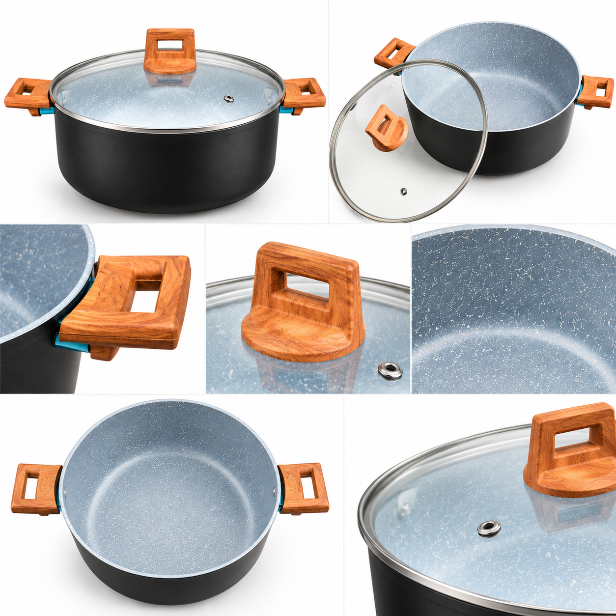 Nonstick biryani pot close-up: glass lid, black body, wood-texture side handles