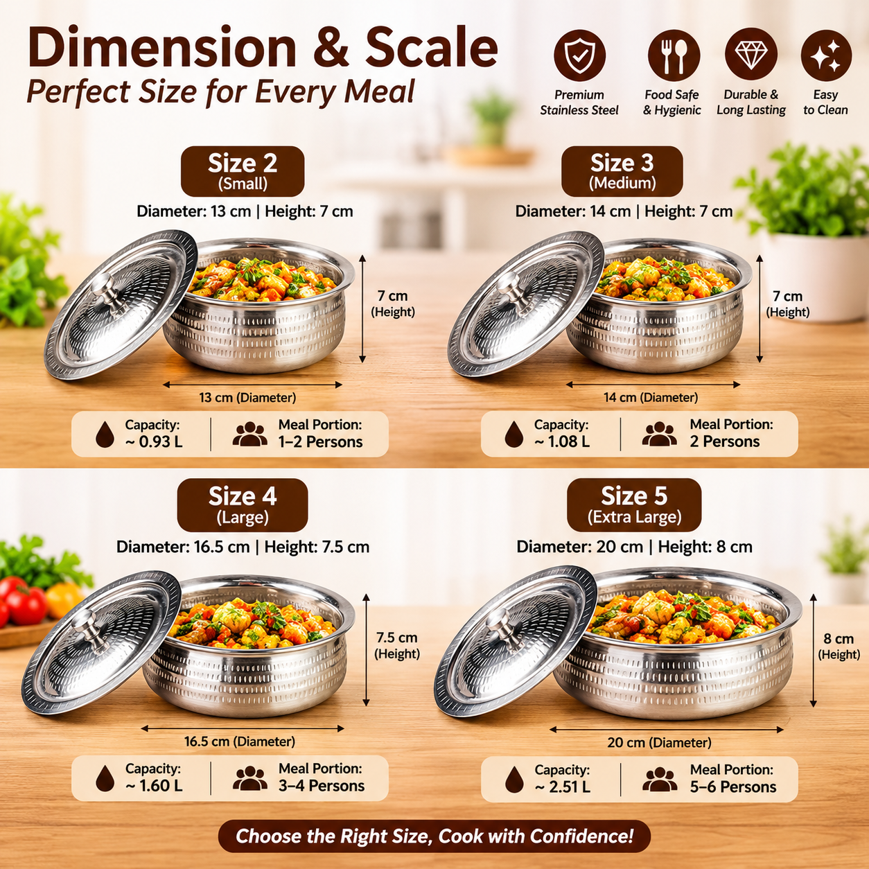 Majestic Chef Hammered Stainless Steel Serving Karahi with Hammered Lid Non-Magnet Food Grade Material