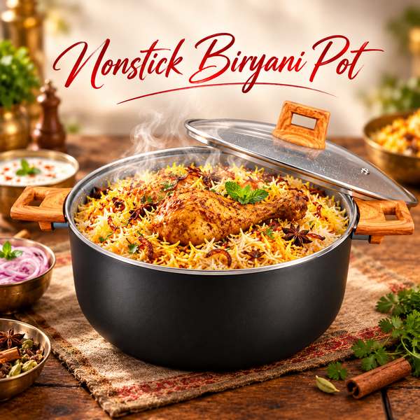 Nonstick biryani pot with biryani and glass lid, wood-texture handles, speckled base