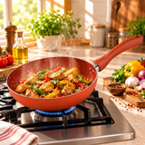 Copper nonstick fry pan with red-speckled interior and long handle, filled with vegetables