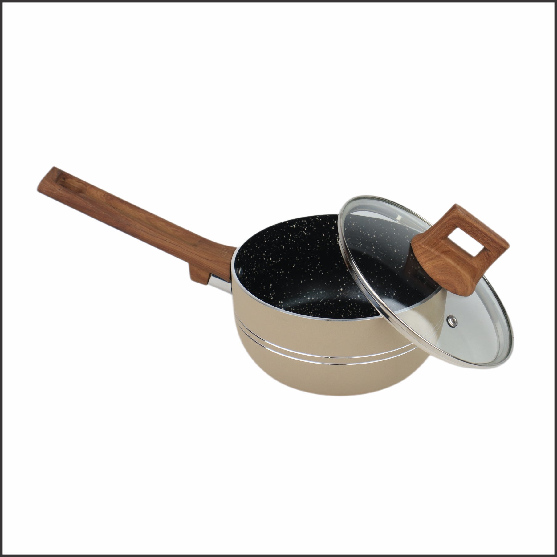 Majestic Chef Nonstick Marble Coating Timber Series 15 Pcs - New Arrival 2025 Round Frying Pan Sauce pan with Wooden handle 